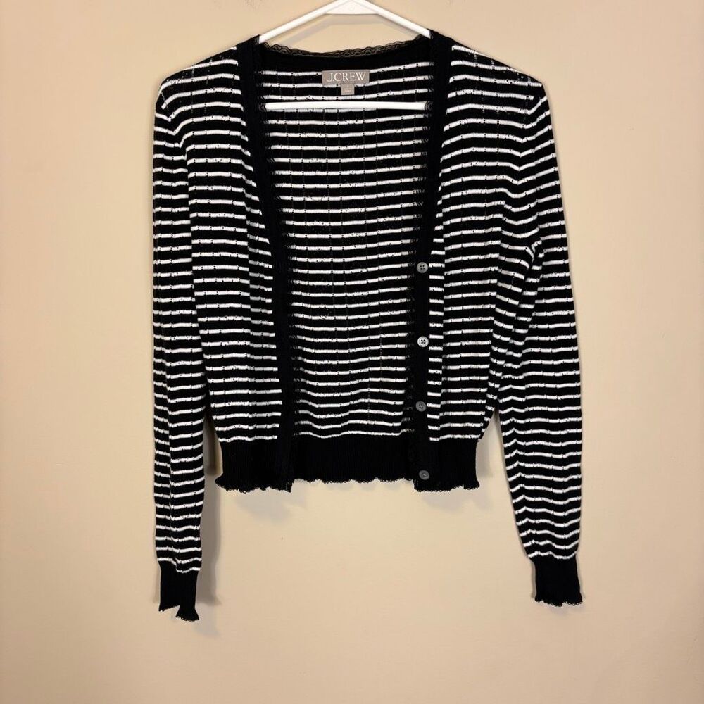 J. Crew Black & White Striped Lace Trim Button Front Cardigan Sweater Small
